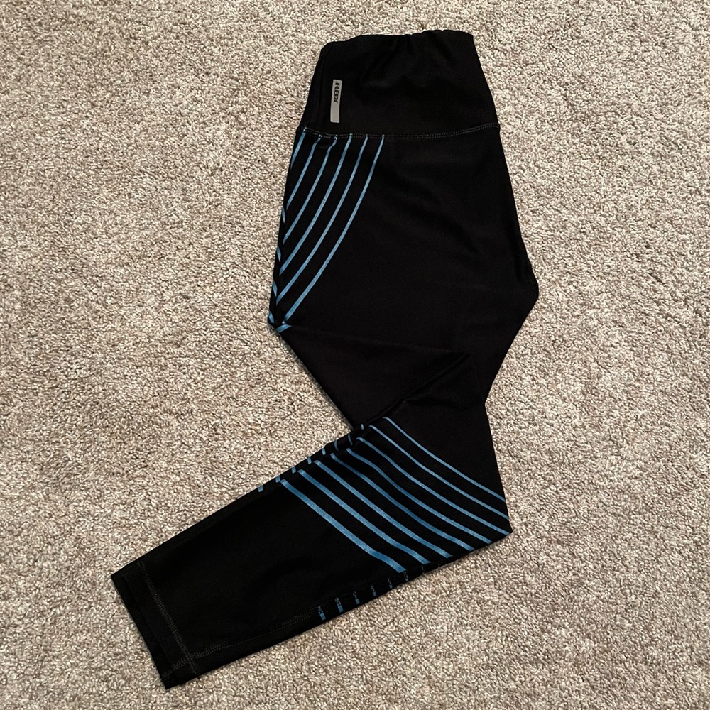 RBX workout leggings, black with blue stripes, size small